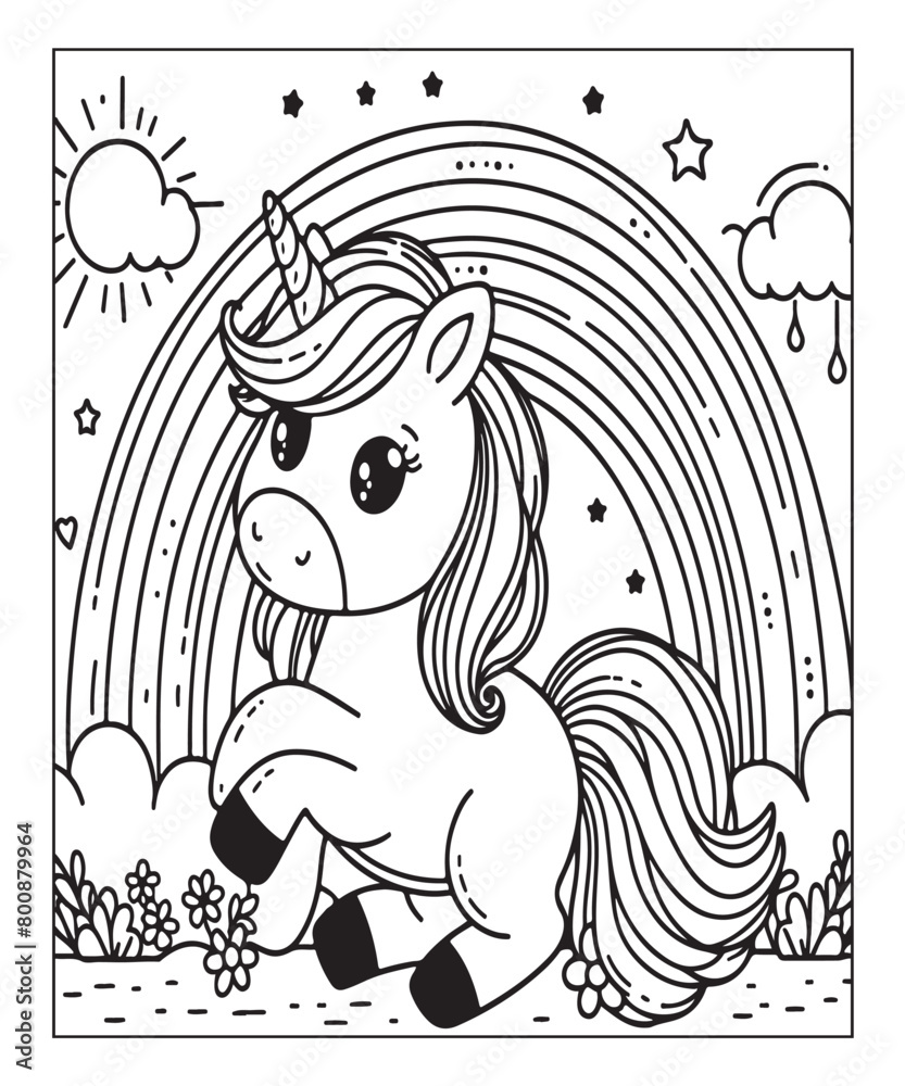 Cute cartoon unicorn coloring page for kids. Black and white vector ...
