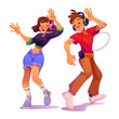 Happy people listen music. Man person and young girl with phone dance and have fun. Female student enjoy song sound in headphones at home isolated icon. Funny action on disco party cartoon graphic