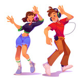 Fototapeta Panele - Happy people listen music. Man person and young girl with phone dance and have fun. Female student enjoy song sound in headphones at home isolated icon. Funny action on disco party cartoon graphic