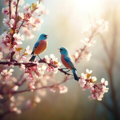 Naklejka na meble birds sing on the branches of a tree with spring flowers. sunlight.