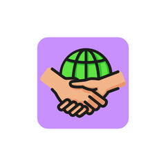 Poster - Line icon handshake against globe. International partners, global business, contract between international companies. Deal concept. Can be used for topics like business, communication, internet