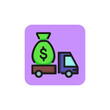 Icon of moving money. Truck, sack of cash, riding. Transfer concept. Can be used for topics like illegal activity, cash delivery, crime