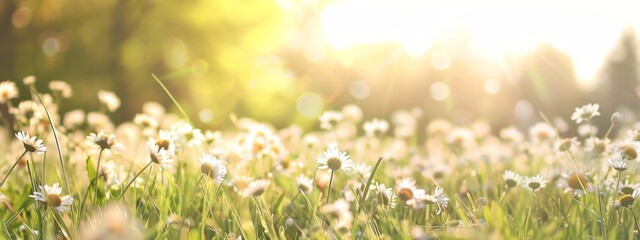 Wall Mural - Beautiful spring meadow with white daisies flowers in sunlight