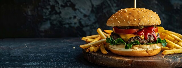 cheeseburger with fre fries on a wooden plate, Generative AI,
