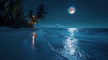 Wall Mural - Beautiful tropical beach at night with full moon and palm trees.
