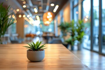 Wall Mural - Close-up of a potted plant on a wooden table in a modern office