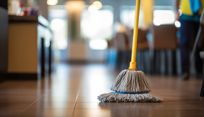 Yellow mop on a tiled floor in the lobby of a hotel or restaurant