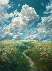 Canvas Print - Countryside scenery with a stone slab path through a blooming meadow on a cloudy day