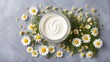 chamomile background with cream lotion on container jar pot for skincare ad beauty product concept from Generative AI