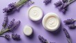 lavender flowers background with cream lotion on container jar pot for skincare ad beauty product concept from Generative AI