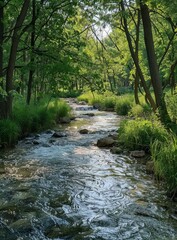 Wall Mural - Small river flowing through a lush green forest