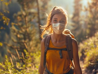 Wall Mural - Young woman hiking in the mountains with a mask on