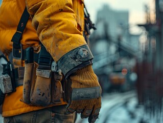 Wall Mural - Construction worker wearing a yellow jacket and a glove