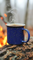 Blue enamel mug on a log with a campfire in the background