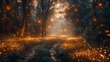 Fototapeta Miasta - An enchanting scene of fireflies illuminating the darkness of a forest clearing, their bioluminescent glow casting an otherworldly ambiance that