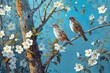 © Michael - Morning Serenity: Two Birds on a Tree with White Flowers - Vertical Oil Painting