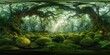 An immersive 360-degree panorama of a mystical fairy tale forest, with ancient trees and moss-covered rocks creating an