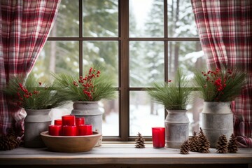 Poster - A Cozy Winter Window Scene with Red Candles and Greenery