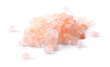 A close-up of Himalayan pink salt crystals, unique texture and color, isolated on a white background, real photo