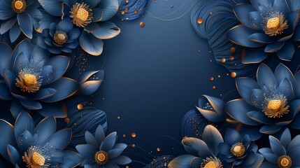 Wall Mural - An elegant lotus background with a golden line and dark blue color. Lotus flowers line arts design for wallpaper, banners, prints, invitations, and packaging. Modern illustration.