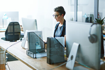 Aufkleber - Woman, working and computer or serious in office, business analyst and corporate worker with online statistics report. Technology, internet research and professional, information results and employee