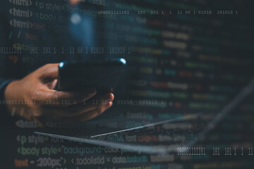 Leinwandbilder - Digital software development, Internet technology concept. Software apps developer, man programmer working on mobile phone and laptop with binary, javascript computer code, big data on virtual screen