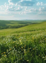 Canvas Print - Green rolling hills with flowers