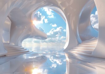 Wall Mural - Futuristic White Building with Stairs and Large Windows Overlooking the Ocean