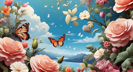 Wall Mural - .. Gorgeous scenery, a wild, adorable butterfly, and floral arrangements. Beautiful graphic background art. 