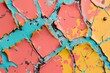 A colorful, cracked wall with yellow, blue, and red splatters