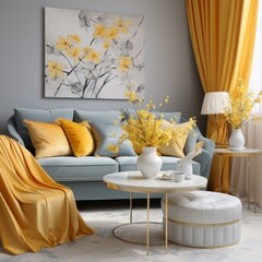 Wall Mural - Elegant living room interior with yellow accents and floral paintings