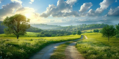 Wall Mural - Countryside dirt road through green fields and trees under blue sky with clouds