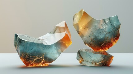 Canvas Print - 3D rendering of two crystal clear rocks with golden cracks