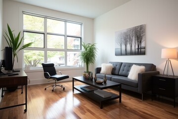 Canvas Print - A modern living room with a large window, a gray sofa, and a coffee table