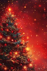 Canvas Print - christmas tree with red and gold ornaments and lights