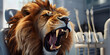 
Lion in zoo Roaring lion attack on city street closeup of rabid dangerous animal aggressive angry predator.
