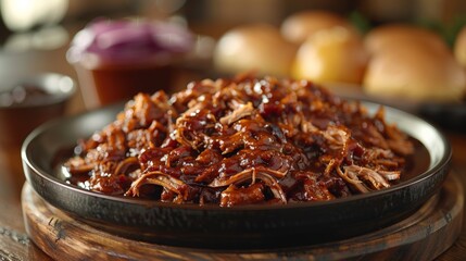 Poster - Showcase the smoky aroma and tender texture of a plate of barbecue pulled pork, featuring tender shredded pork in a