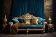ornate gold and blue couch with patterned gold pillows and gold blanket