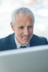 Aufkleber - Happy, mature businessman and computer in office for email, connectivity and internet. Male ceo, corporate and technology in workplace for communication, reading and online conversation for career