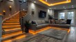 The soothing glow of LED strips infusing a modern basement with warmth and ambiance, transforming it into a serene nighttime