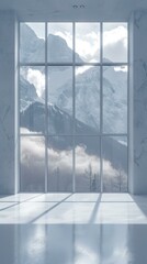 Wall Mural - Modern interior of empty room with big panoramic window and view of snowcapped mountains