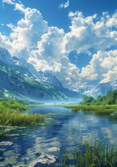 Canvas Print - Mountains, lake and clouds