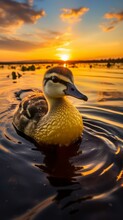 Duckling Swimming In The Lake At Sunset