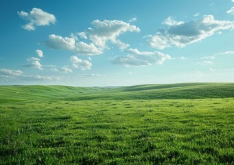 Wall Mural - Green rolling hills under a blue sky with white clouds