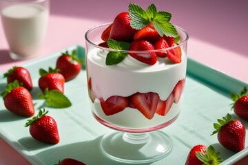 Wall Mural - A delicious parfait of strawberries with layers of creamy yogurt and luscious berries on top, perfect for any occasion.