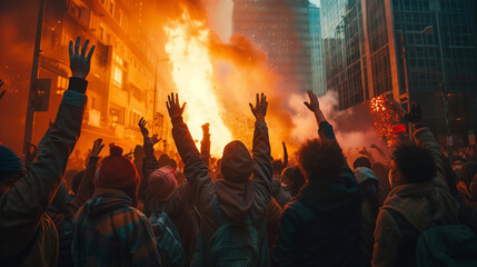 A group of people raise their hands towards the fire in the city, with a brave gesture and strong determination, their faces radiate in the warm light of the fire, dAi generated Images