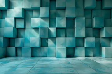 Poster - Blue 3D Room With Geometric Shapes On Wall And Floor