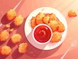 Vibrant top view illustration, chilli sauce jar near crispy nuggets, high detail, soft light, flat vector icon style character illustration