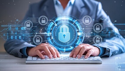 Cyber security network and data protection technology on interface. Ai security, Block chain