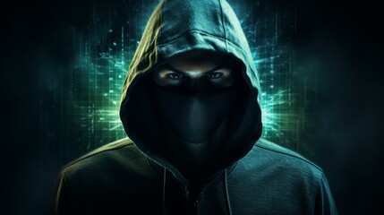 Wall Mural - A hacker in a black hoodie and mask with a green circuit board in the background